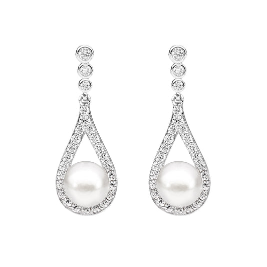 Sterling Silver Freshwater Pearl Cubic Zirconia Drop Earrings