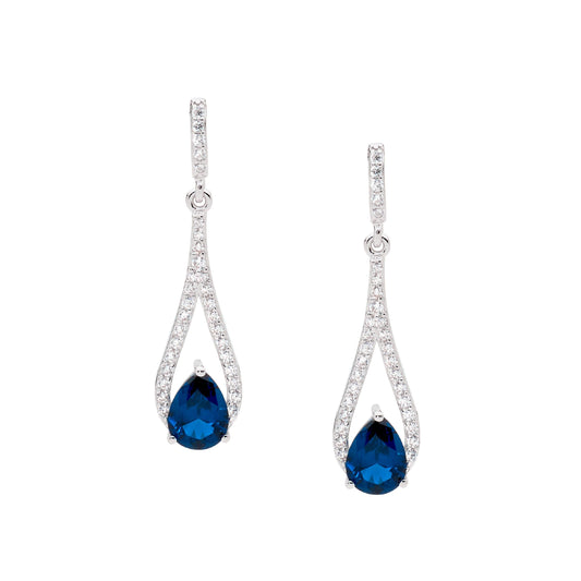 Sterling Silver London Blue and White Cubic Zirconia Open Tear Drop Earrings