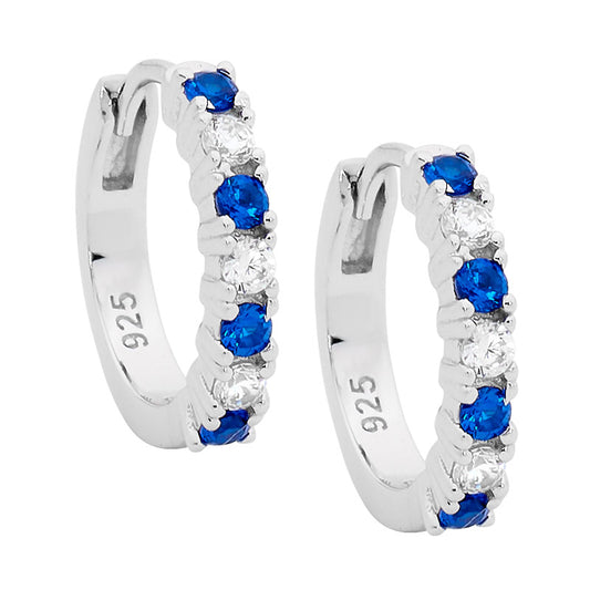 Sterling Silver Dark Blue and White Cubic Zirconia Hoop Earrings