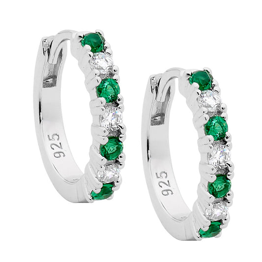 Sterling Silver Green and White Cubic Zirconia Hoop Earrings