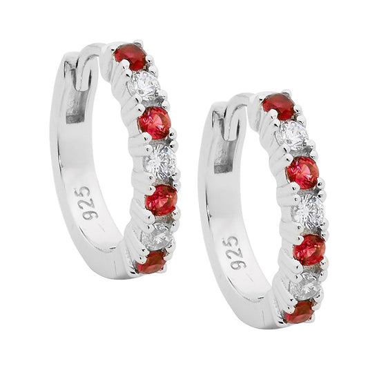 Sterling Silver Red and White Cubic Zirconia Hoop Earrings