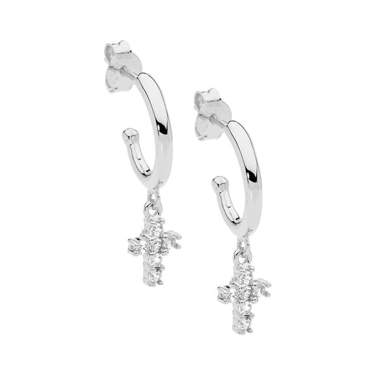 Sterling Silver Cubic Zirconia Cross Drop Hoop Earrings