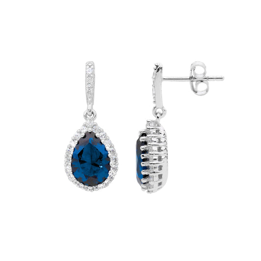 Sterling Silver London Blue and White Cubic Zirconia Drop Earrings