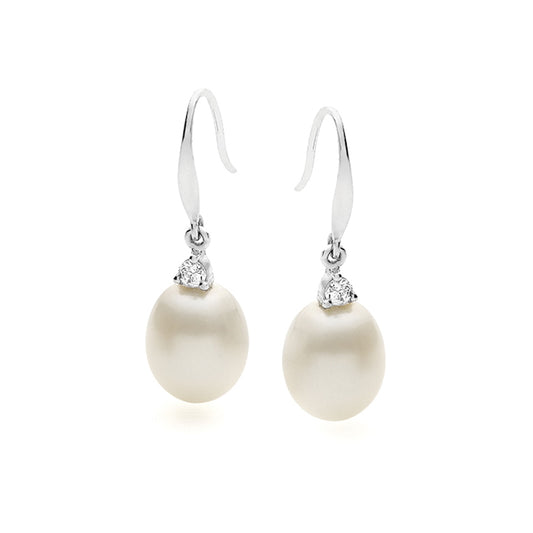 Sterling Silver White Freshwater Pearl and Cubic Zirconia Drop Earrings