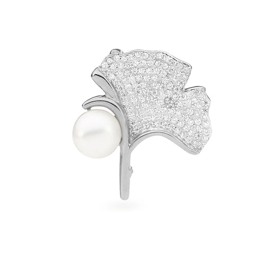 Sterling Silver Freshwater Pearl and Cubic Zirconia Brooch