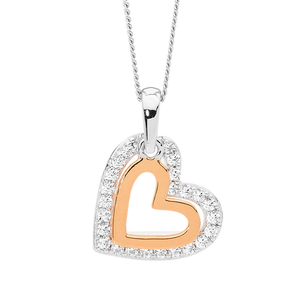 Two Tone Cubic Zirconia Double Heart Pendant